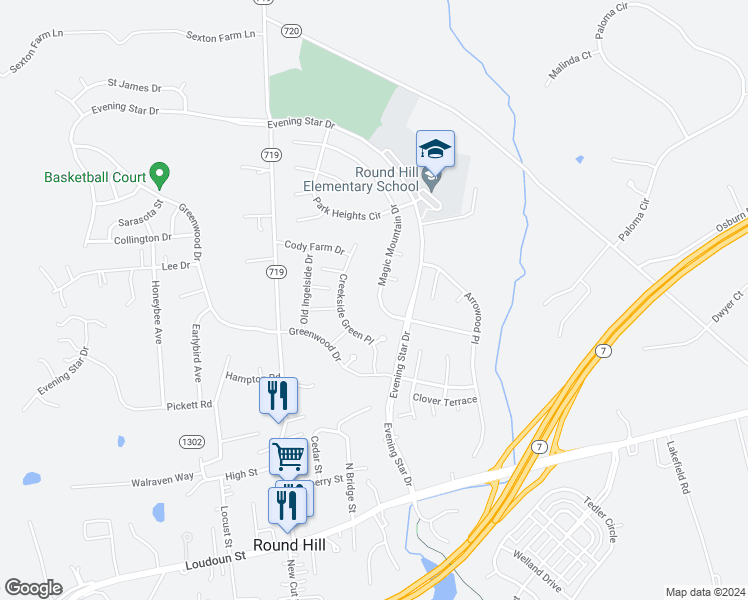 map of restaurants, bars, coffee shops, grocery stores, and more near 17229 Magic Mountain Drive in Round Hill