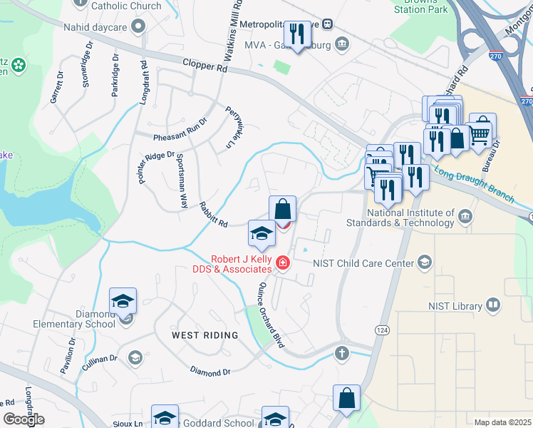 map of restaurants, bars, coffee shops, grocery stores, and more near 801 Rabbitt Road in Gaithersburg