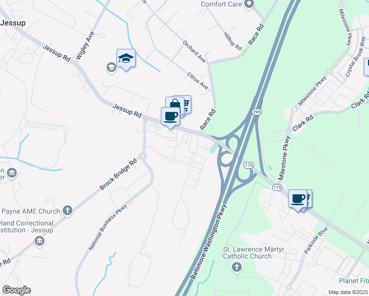 map of restaurants, bars, coffee shops, grocery stores, and more near 7811 Shannon's Glen Drive in Jessup