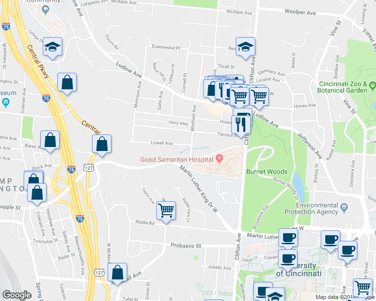 map of restaurants, bars, coffee shops, grocery stores, and more near 523 Lowell Avenue in Cincinnati