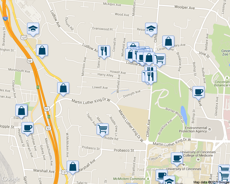 map of restaurants, bars, coffee shops, grocery stores, and more near 523 Lowell Avenue in Cincinnati