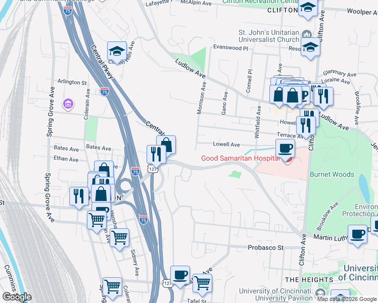 map of restaurants, bars, coffee shops, grocery stores, and more near 605 Lowell Avenue in Cincinnati