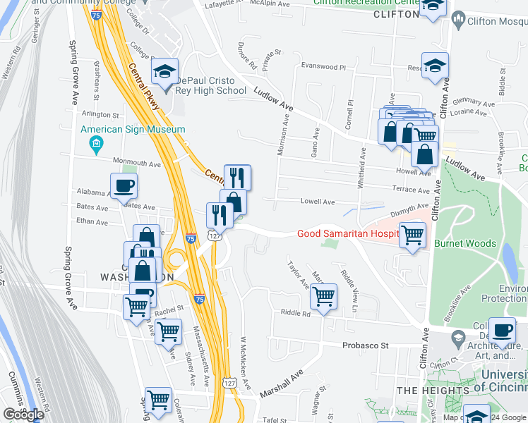 map of restaurants, bars, coffee shops, grocery stores, and more near 605 Lowell Avenue in Cincinnati