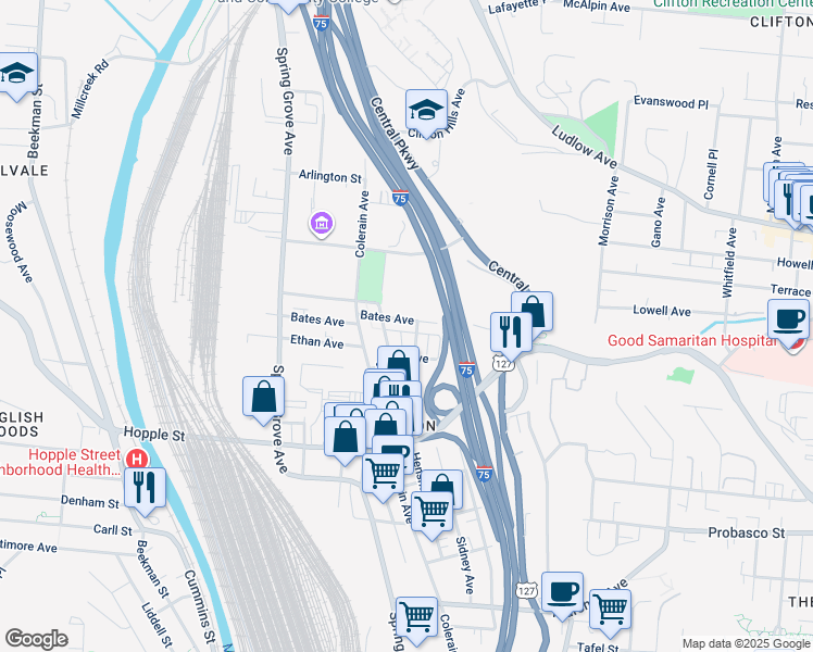 map of restaurants, bars, coffee shops, grocery stores, and more near 1235 Bates Avenue in Cincinnati