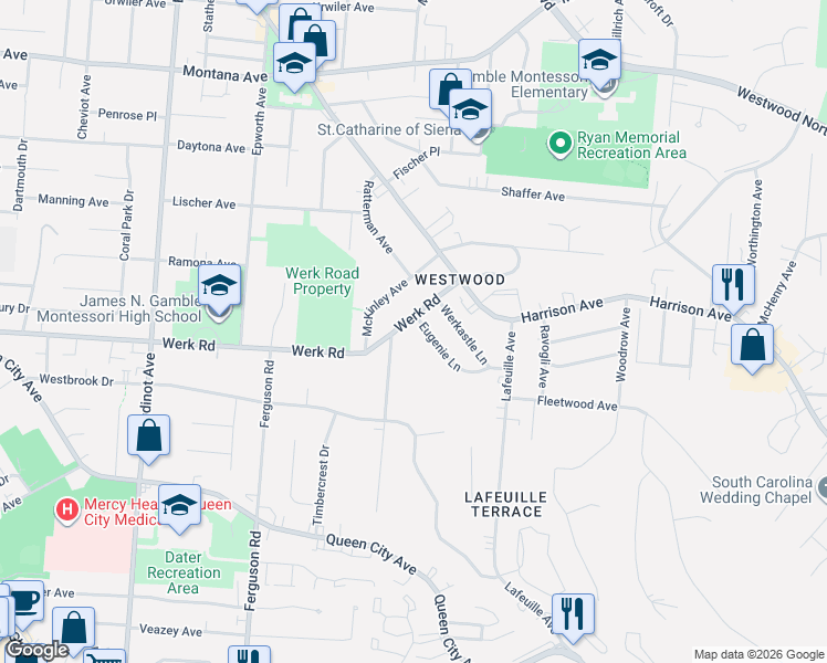 map of restaurants, bars, coffee shops, grocery stores, and more near 2847 Werk Road in Cincinnati