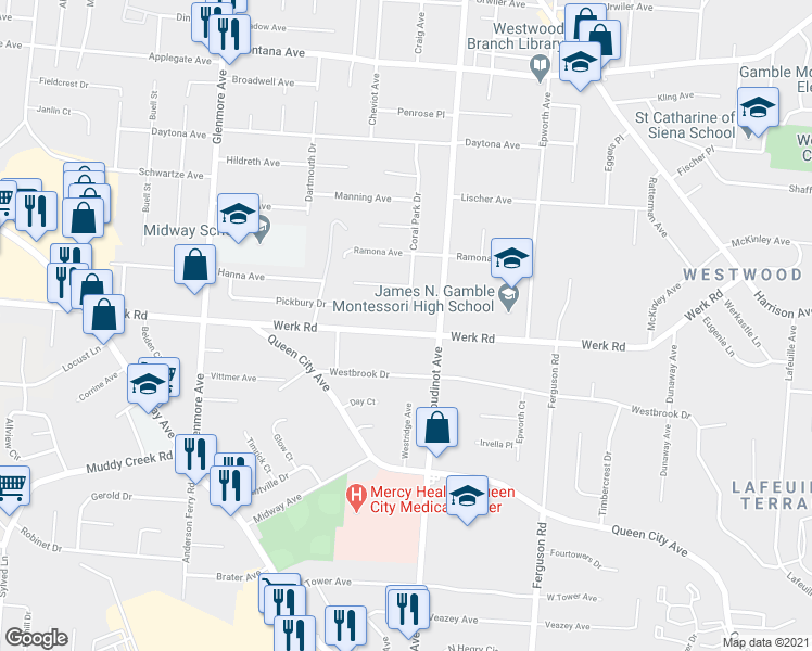 map of restaurants, bars, coffee shops, grocery stores, and more near 3111 Pickbury Drive in Cincinnati