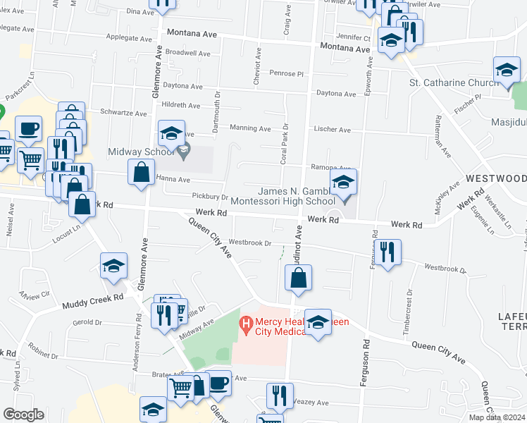 map of restaurants, bars, coffee shops, grocery stores, and more near 3111 Pickbury Drive in Cincinnati