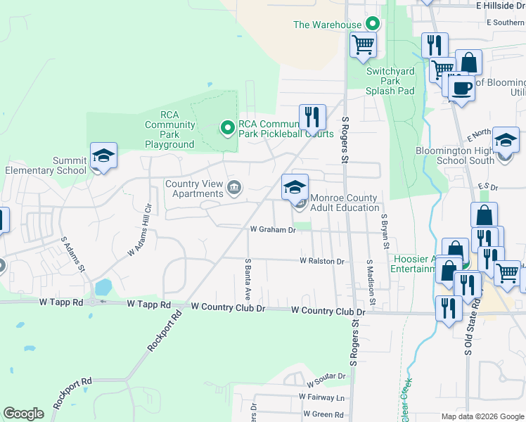 map of restaurants, bars, coffee shops, grocery stores, and more near 2511 South Rockport Road in Bloomington