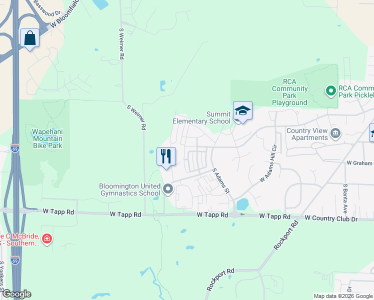 map of restaurants, bars, coffee shops, grocery stores, and more near 2320 South Samuel Lane in Bloomington