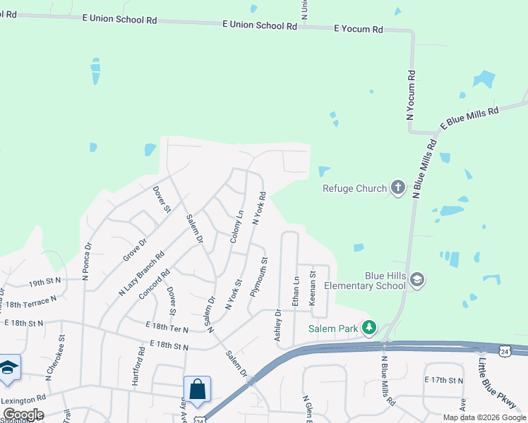 map of restaurants, bars, coffee shops, grocery stores, and more near 2102 North York Street in Independence