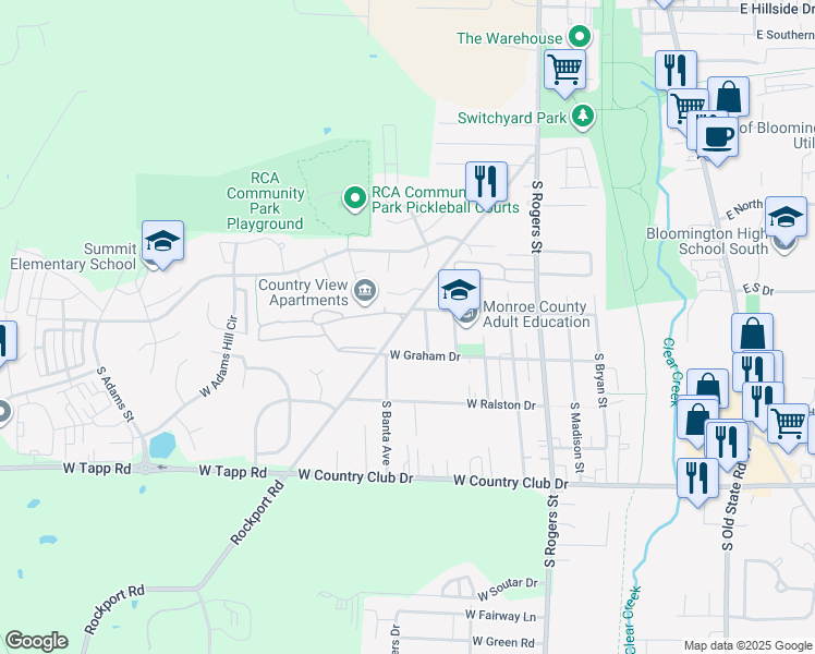 map of restaurants, bars, coffee shops, grocery stores, and more near 2511 South Rockport Road in Bloomington