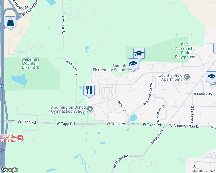 map of restaurants, bars, coffee shops, grocery stores, and more near 1720 West Eventide Drive in Bloomington
