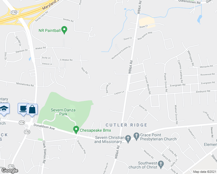 map of restaurants, bars, coffee shops, grocery stores, and more near 7705 Barnside Court in Severn