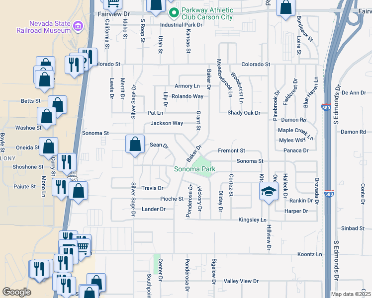 map of restaurants, bars, coffee shops, grocery stores, and more near 917 Sonoma Street in Carson City