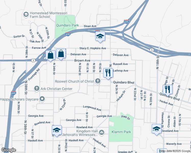 map of restaurants, bars, coffee shops, grocery stores, and more near 3036 North 30 Street in Kansas City
