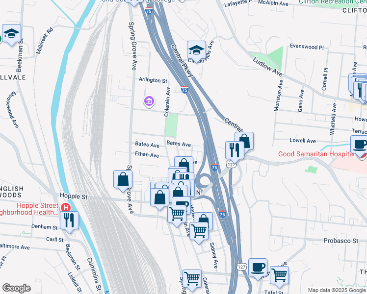 map of restaurants, bars, coffee shops, grocery stores, and more near 1235 Bates Avenue in Cincinnati