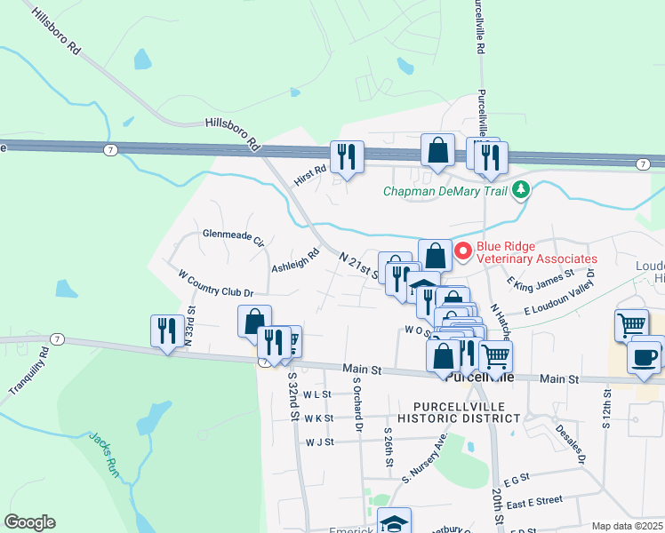 map of restaurants, bars, coffee shops, grocery stores, and more near 402 Leeds Ridge Court in Purcellville