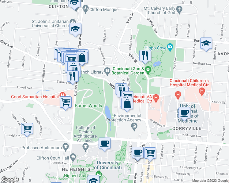 map of restaurants, bars, coffee shops, grocery stores, and more near 3317 Jefferson Avenue in Cincinnati