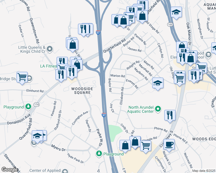 map of restaurants, bars, coffee shops, grocery stores, and more near 601 Baylor Road in Glen Burnie