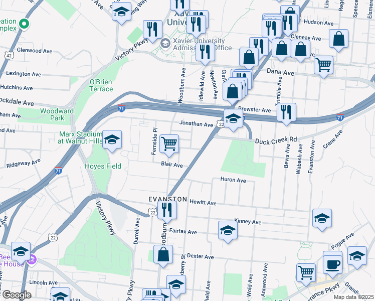 map of restaurants, bars, coffee shops, grocery stores, and more near 1635 Dauner Avenue in Cincinnati