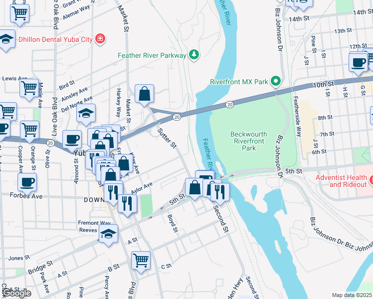map of restaurants, bars, coffee shops, grocery stores, and more near 207 Teegarden Ave in Yuba City