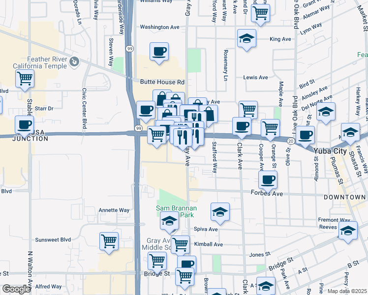 map of restaurants, bars, coffee shops, grocery stores, and more near 990 Gray Avenue in Yuba City
