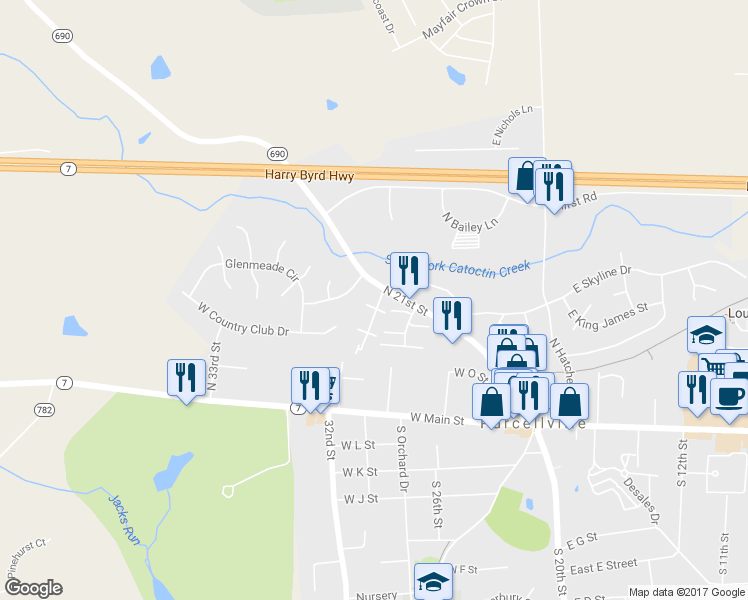 map of restaurants, bars, coffee shops, grocery stores, and more near 402 Leeds Ridge Court in Purcellville