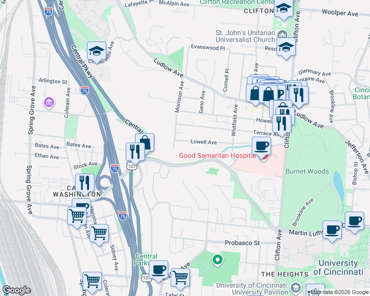 map of restaurants, bars, coffee shops, grocery stores, and more near 571 Lowell Avenue in Cincinnati