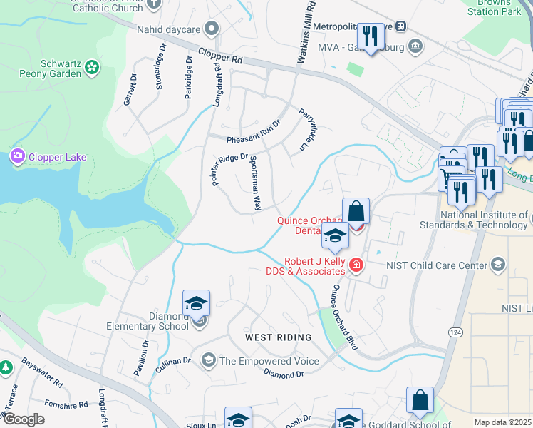 map of restaurants, bars, coffee shops, grocery stores, and more near 957 Pointer Ridge Drive in Gaithersburg