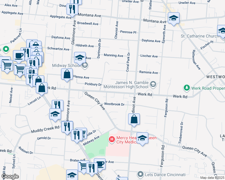 map of restaurants, bars, coffee shops, grocery stores, and more near 3172 Werk Rd in Cincinnati