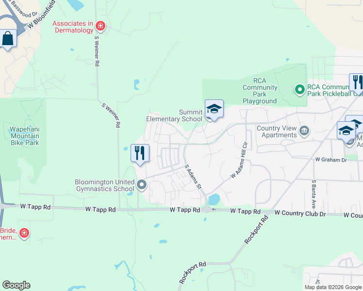 map of restaurants, bars, coffee shops, grocery stores, and more near 2551 South Adams Street in Bloomington