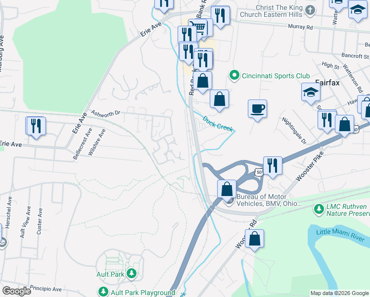 map of restaurants, bars, coffee shops, grocery stores, and more near 5971 Woodland Road in Cincinnati