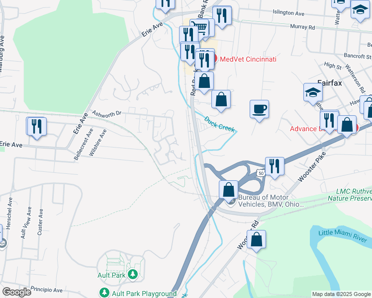 map of restaurants, bars, coffee shops, grocery stores, and more near 5971 Woodland Road in Cincinnati