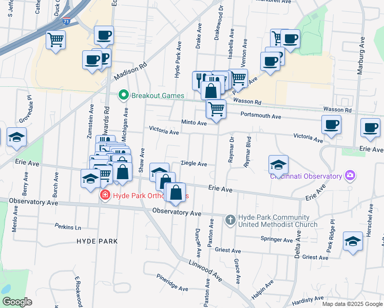 map of restaurants, bars, coffee shops, grocery stores, and more near 3561 Monteith Avenue in Cincinnati