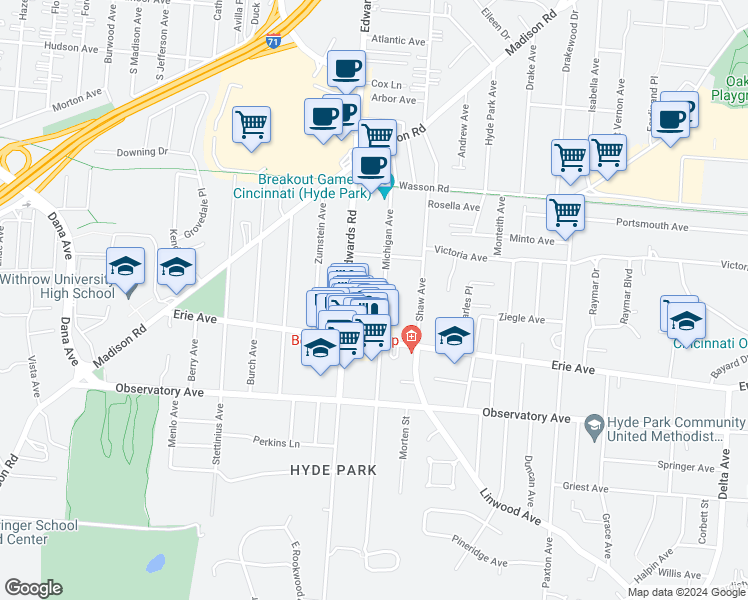 map of restaurants, bars, coffee shops, grocery stores, and more near 3536 Edwards Road in Cincinnati