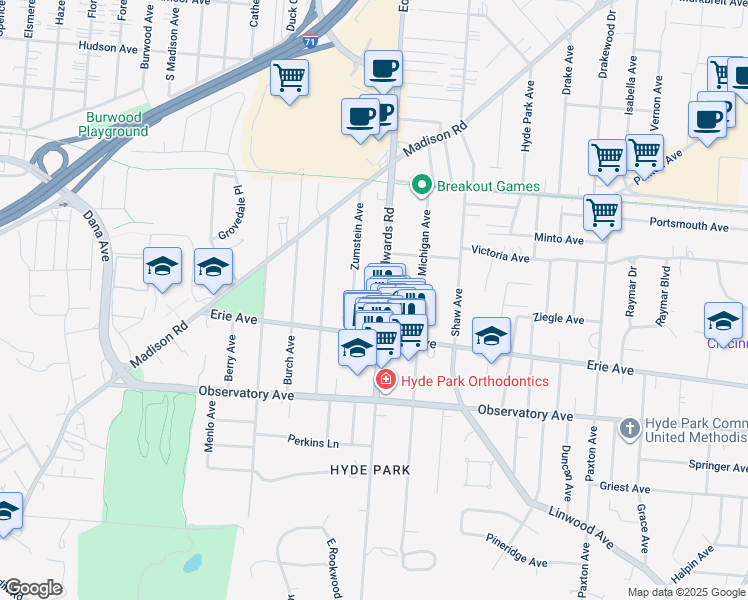 map of restaurants, bars, coffee shops, grocery stores, and more near 3534 Zumstein Avenue in Cincinnati