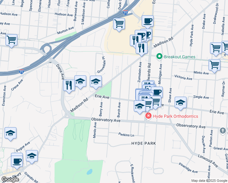 map of restaurants, bars, coffee shops, grocery stores, and more near 3521 Stettinius Avenue in Cincinnati