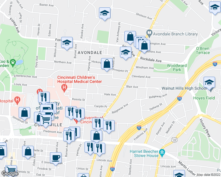 map of restaurants, bars, coffee shops, grocery stores, and more near 565 Blair Avenue in Cincinnati