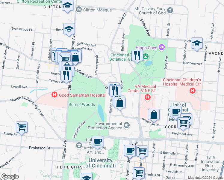 map of restaurants, bars, coffee shops, grocery stores, and more near 3300 Jefferson Avenue in Cincinnati