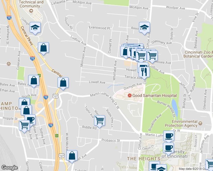 map of restaurants, bars, coffee shops, grocery stores, and more near 523 Lowell Avenue in Cincinnati