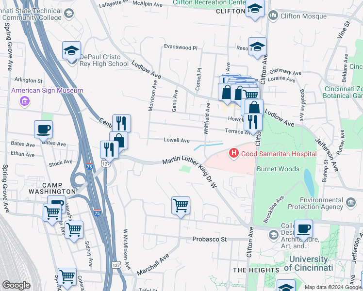 map of restaurants, bars, coffee shops, grocery stores, and more near 551 Lowell Avenue in Cincinnati