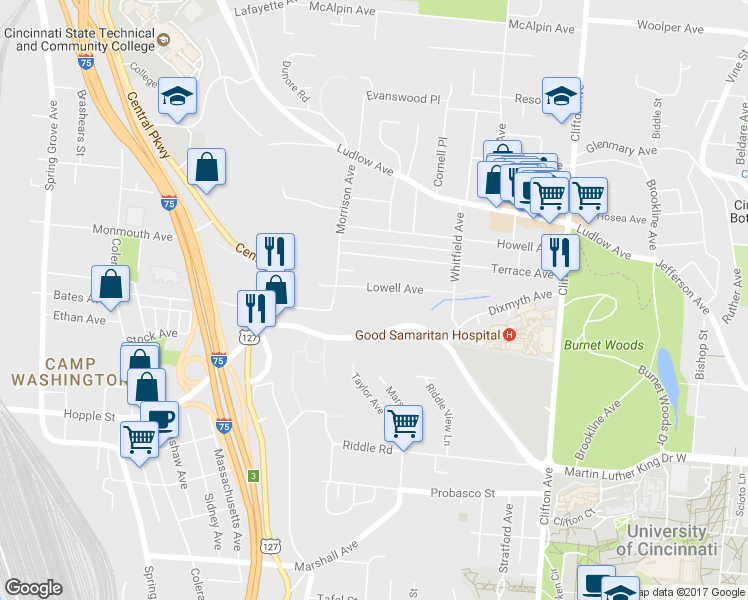 map of restaurants, bars, coffee shops, grocery stores, and more near 571 Lowell Avenue in Cincinnati
