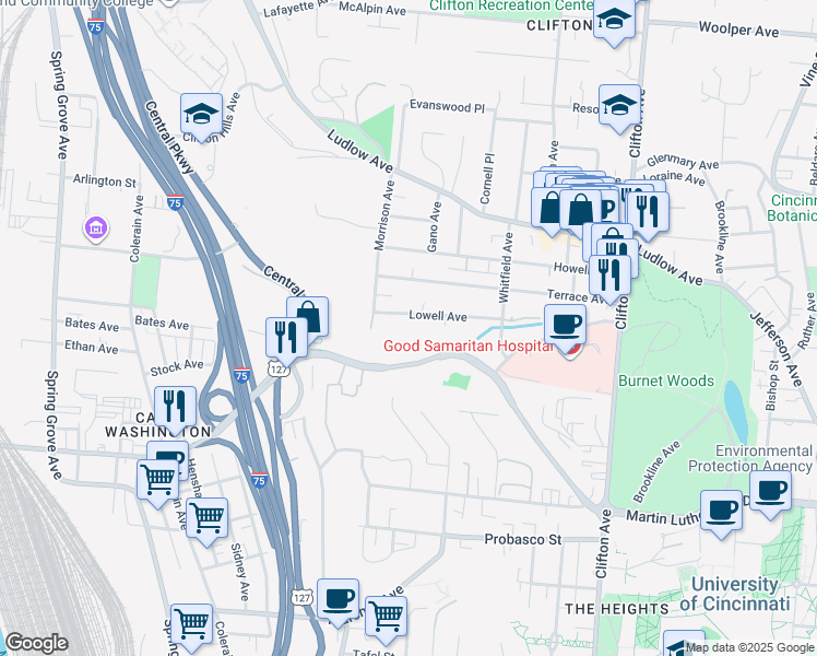 map of restaurants, bars, coffee shops, grocery stores, and more near 571 Lowell Avenue in Cincinnati