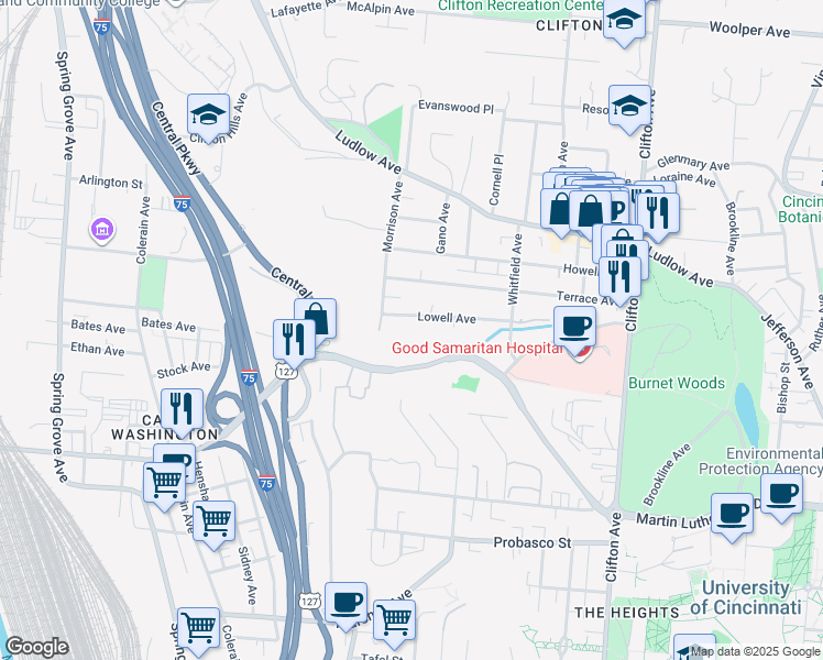 map of restaurants, bars, coffee shops, grocery stores, and more near 571 Lowell Avenue in Cincinnati