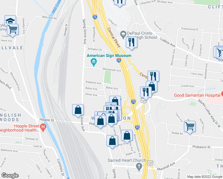 map of restaurants, bars, coffee shops, grocery stores, and more near 1235 Bates Avenue in Cincinnati