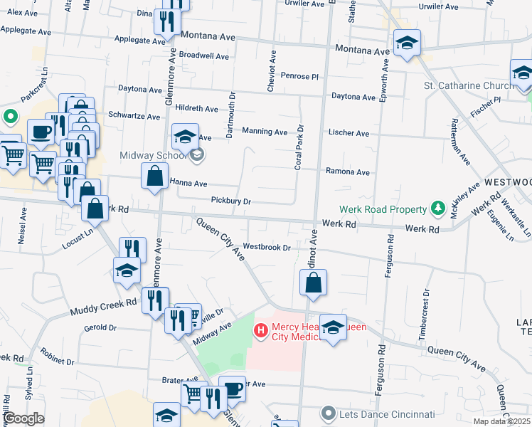 map of restaurants, bars, coffee shops, grocery stores, and more near 3172 Werk Road in Cincinnati