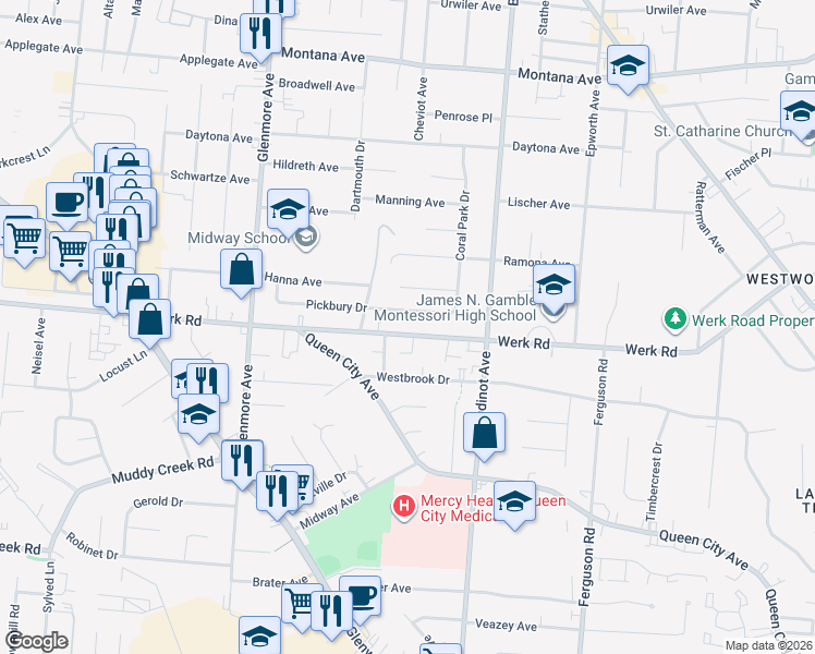 map of restaurants, bars, coffee shops, grocery stores, and more near 3172 Werk Road in Cincinnati