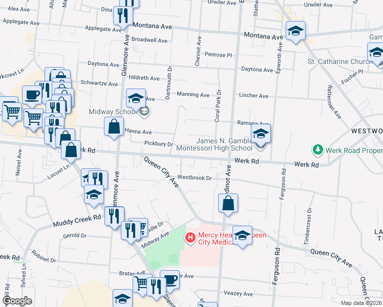 map of restaurants, bars, coffee shops, grocery stores, and more near 3172 Werk Road in Cincinnati