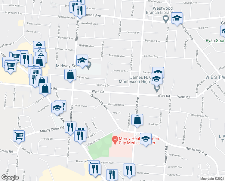 map of restaurants, bars, coffee shops, grocery stores, and more near 3172 Werk Road in Cincinnati
