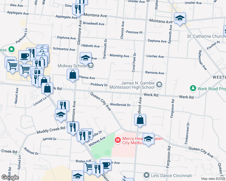 map of restaurants, bars, coffee shops, grocery stores, and more near 3172 Werk Road in Cincinnati